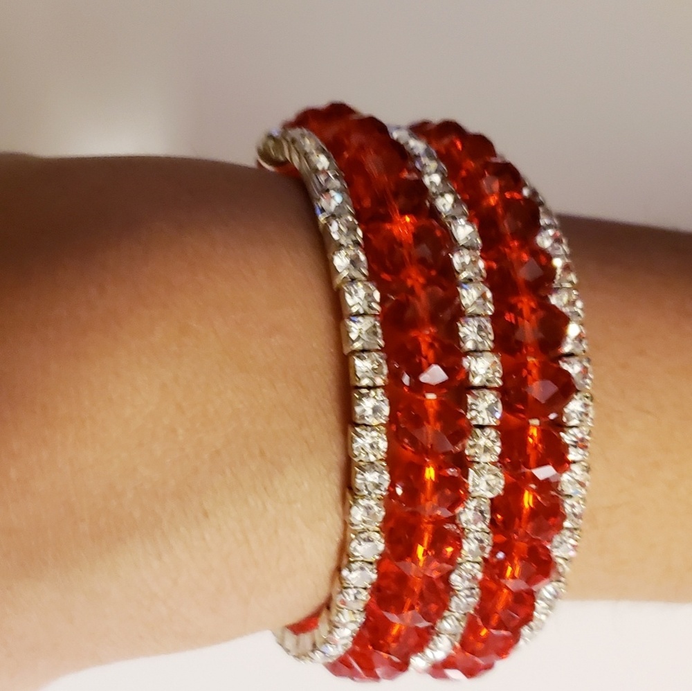 Multi Layer Red Beaded Memory Wire Bangle Bracelet - image 1